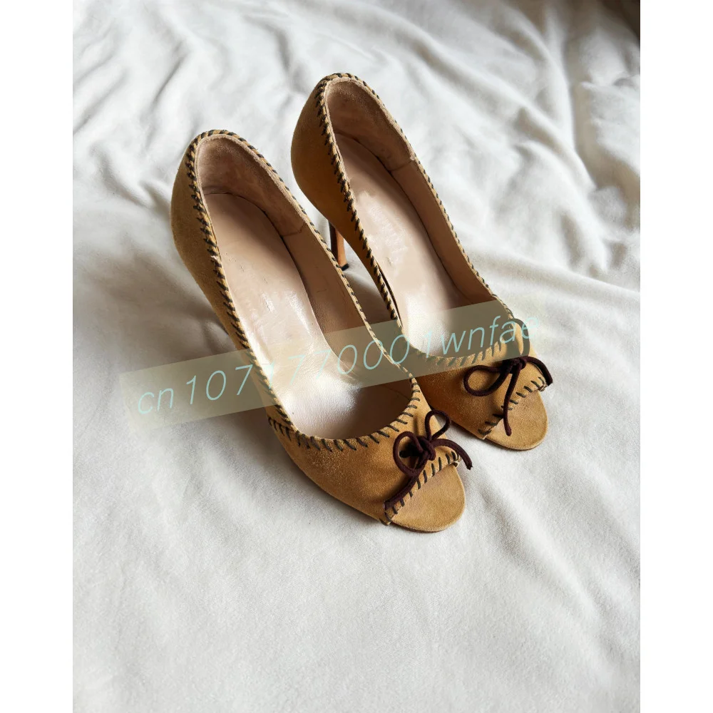 Women Camel Suede Peep Toe Stiletto Heel Pumps Slip-On High Heels With Bow Decoration Vintage Style Dress Shoes For Office 46
Women Camel Suede Peep Toe Stiletto Heel Pumps Slip-On High Heels With Bow Decoration Vintage Style Dress Shoes For Office 46