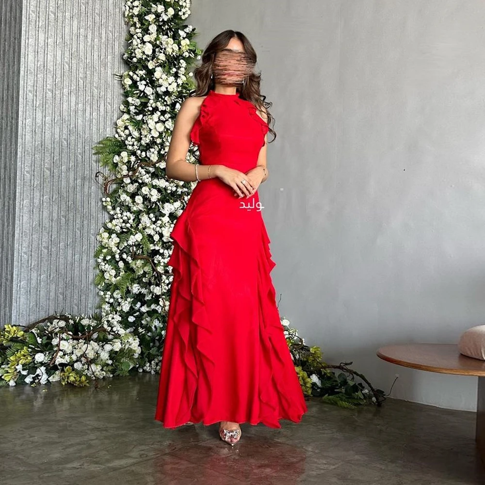 Muloong Red Satin Evening Dresses Halter Ruffles Saudi Arabic Party Formal Occasion Prom Gowns Ankle Length فساتين السهرة
Muloong Red Satin Evening Dresses Halter Ruffles Saudi Arabic Party Formal Occasion Prom Gowns Ankle Length فساتين السهرة