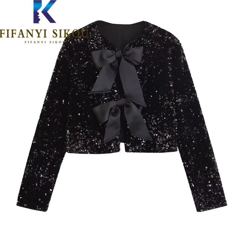 Black Sequins Jacket Women Bowknot Decoration Fashion High Waist Velvet Short Coat Spring Autumn Chic Slim Jackets Female
Black Sequins Jacket Women Bowknot Decoration Fashion High Waist Velvet Short Coat Spring Autumn Chic Slim Jackets Female