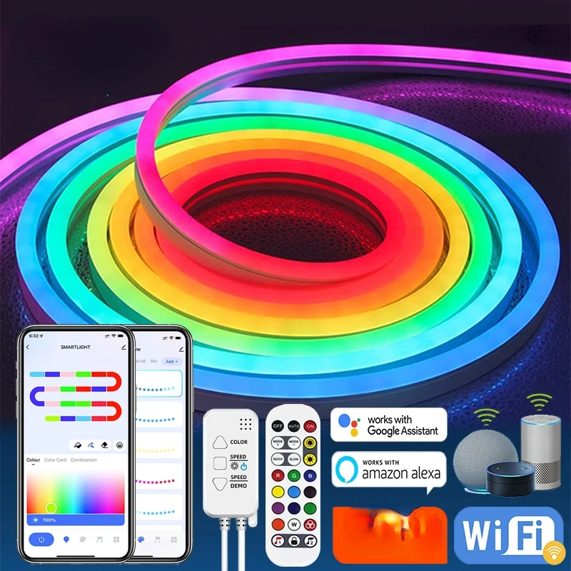 Neon LED Strip Lights 12-24V 84LEDs/M Silicone Neon Rope Light with Music Sync Chasing Strip Tape for Room
Neon LED Strip Lights 12-24V 84LEDs/M Silicone Neon Rope Light with Music Sync Chasing Strip Tape for Room