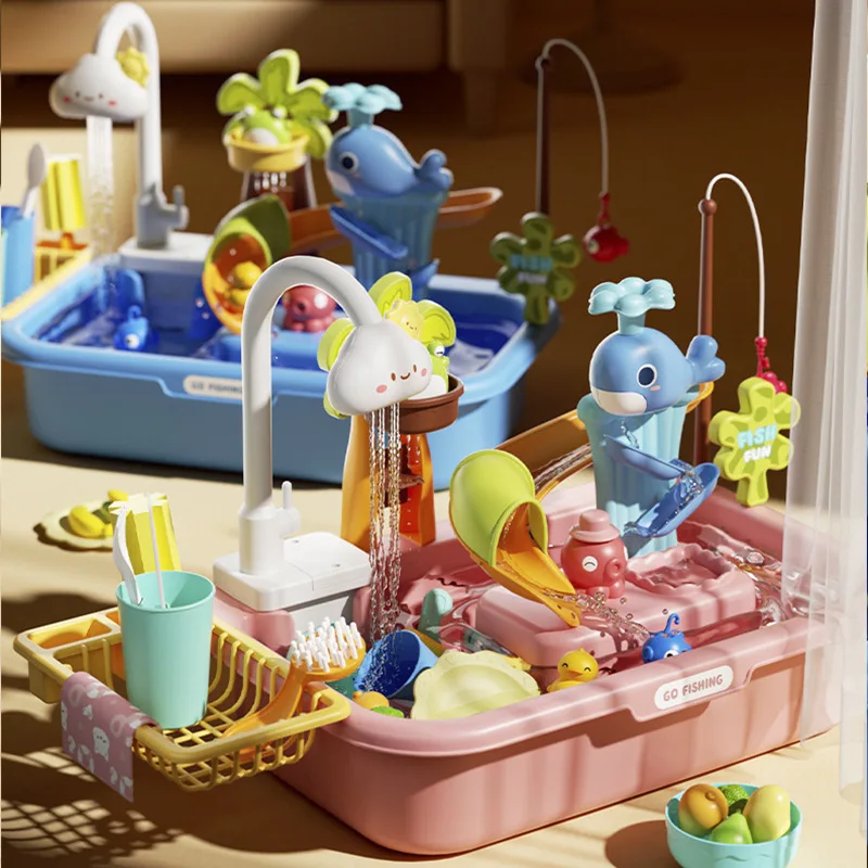 Electric circulating water dishwasher, kitchen sink set, play house, fishing, children's water toys
Electric circulating water dishwasher, kitchen sink set, play house, fishing, children's water toys
