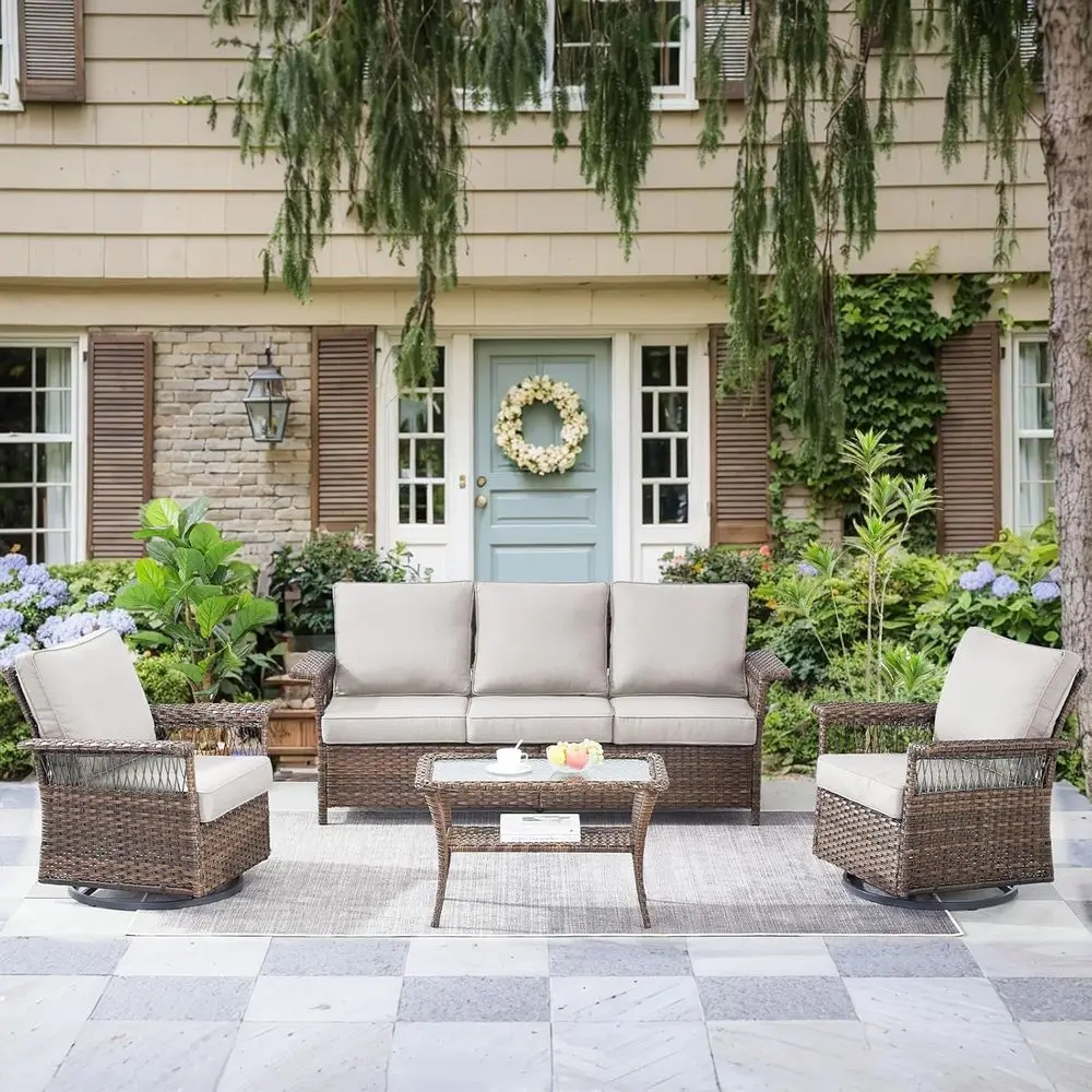 2-Piece Wicker Swivel Glider Chair Set with PE Rattan Coffee Table and Beige Cushions for Patio, Garden, Balcony, or Sunroom
2-Piece Wicker Swivel Glider Chair Set with PE Rattan Coffee Table and Beige Cushions for Patio, Garden, Balcony, or Sunroom