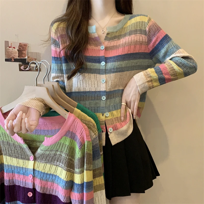 M-4XL Women Colorful Striped Knitted Cardigans Spring Autumn Long Sleeve Single Breasted Shirts Round Neck Rainbow Tops
M-4XL Women Colorful Striped Knitted Cardigans Spring Autumn Long Sleeve Single Breasted Shirts Round Neck Rainbow Tops