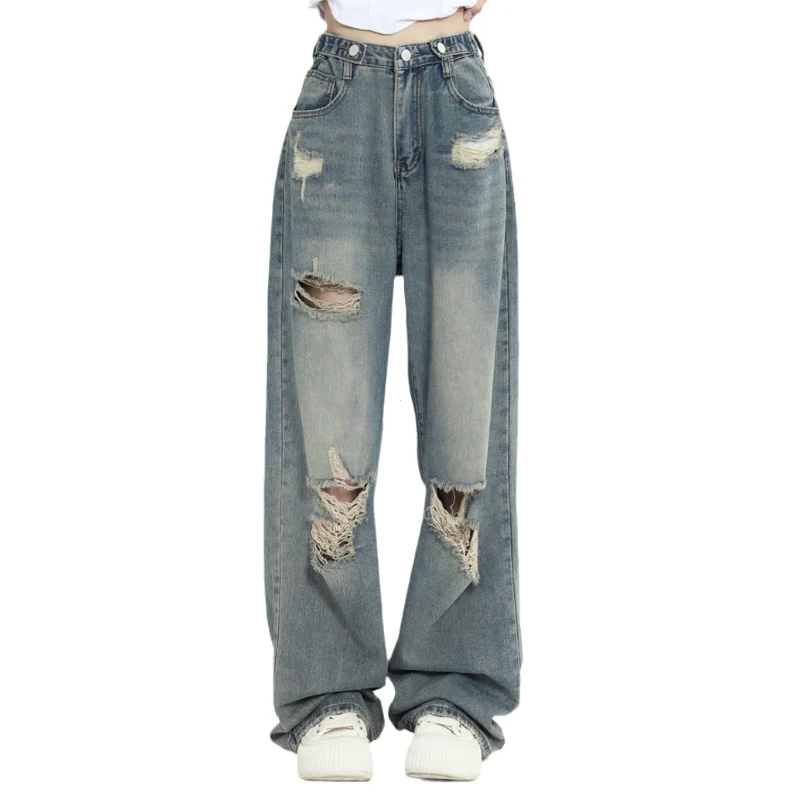 American Retro Hole-punched Jeans Women High Waist Straight-crotch Loose Slim Design High-street Vibe Wide-legged Dragging Pants
American Retro Hole-punched Jeans Women High Waist Straight-crotch Loose Slim Design High-street Vibe Wide-legged Dragging Pants