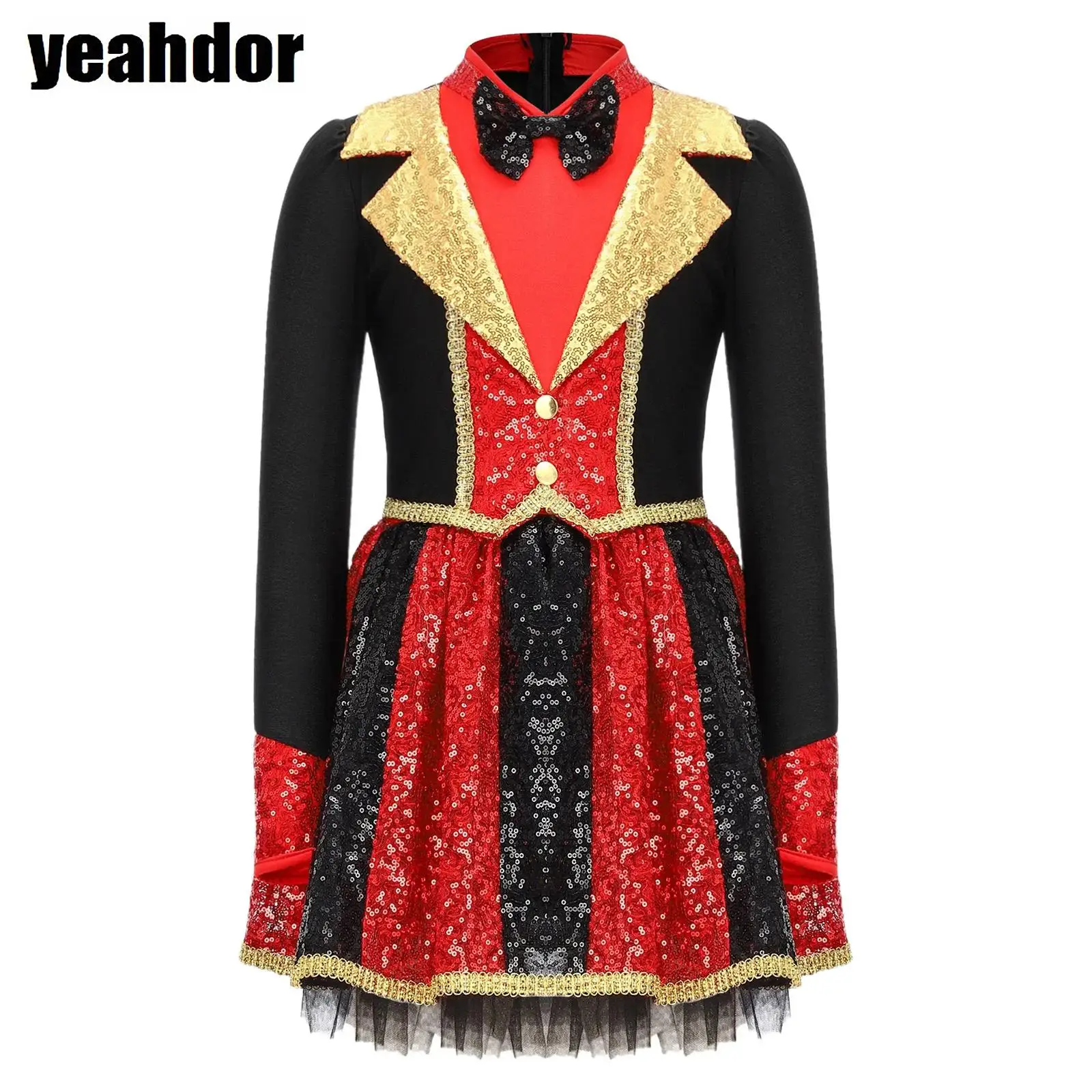 Girl Halloween Circus Ringmaster Costume Long Sleeve Sequin Tutu Dress Gold Trim Bow Tie Puffy Leotard Dress Carnival Dress Up
Girl Halloween Circus Ringmaster Costume Long Sleeve Sequin Tutu Dress Gold Trim Bow Tie Puffy Leotard Dress Carnival Dress Up