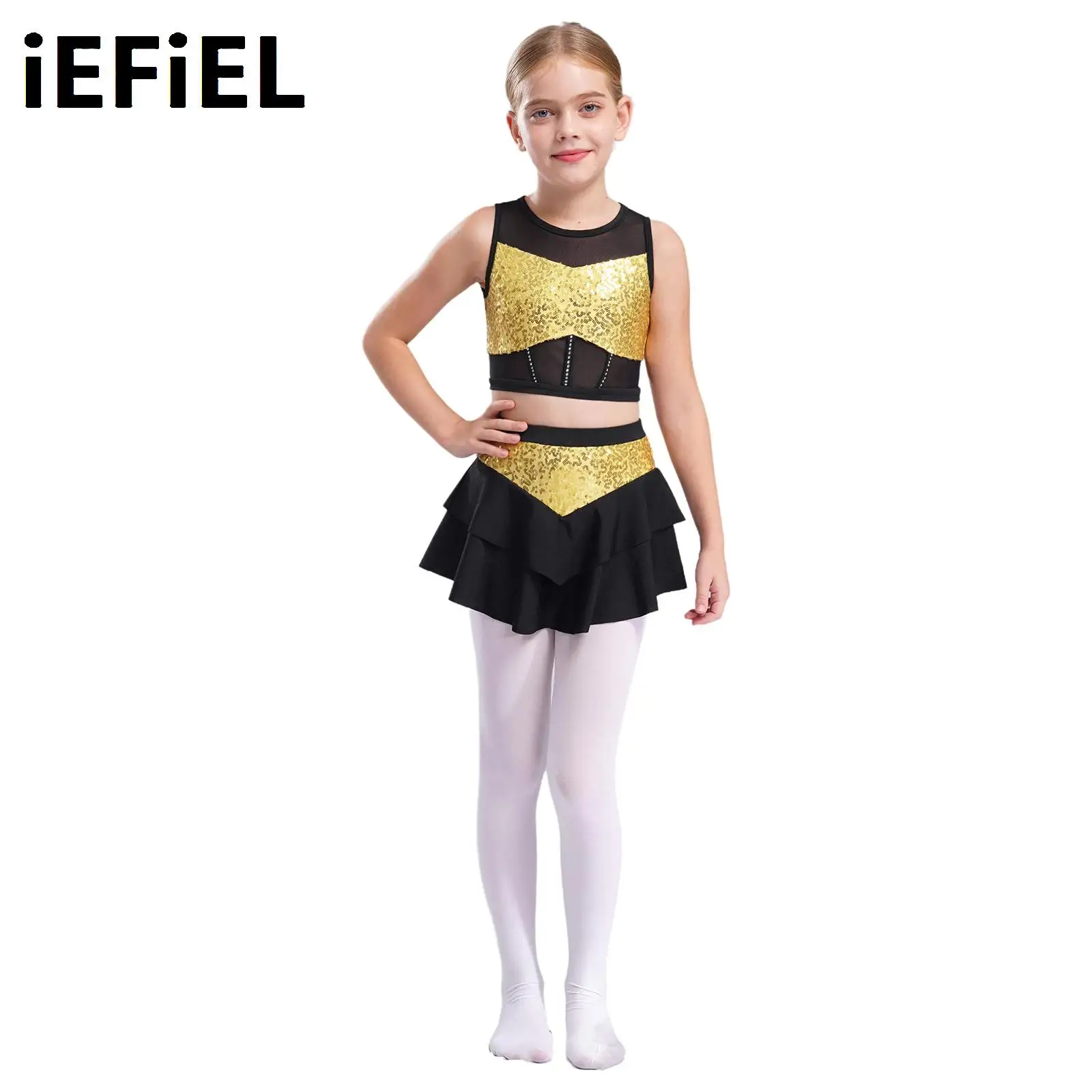 Kids Girls Cheerleading Dance Sets Sleeveless Cutout Back Sheer Mesh Patchwork Shiny Sequins Crop Top with Tiered Skirt for Jazz
Kids Girls Cheerleading Dance Sets Sleeveless Cutout Back Sheer Mesh Patchwork Shiny Sequins Crop Top with Tiered Skirt for Jazz