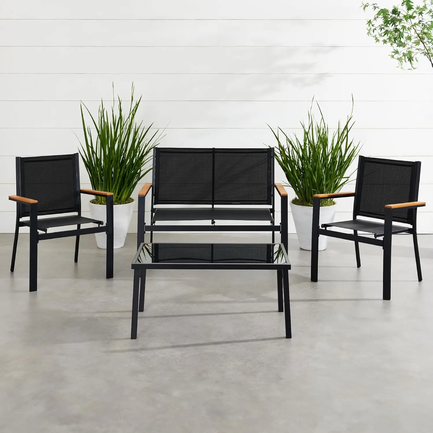 4-Piece Outdoor Textilene Patio Conversation Set, Backyard Furniture w/Loveseat, Coffee Table, Steel Frame - Black/Black
4-Piece Outdoor Textilene Patio Conversation Set, Backyard Furniture w/Loveseat, Coffee Table, Steel Frame - Black/Black