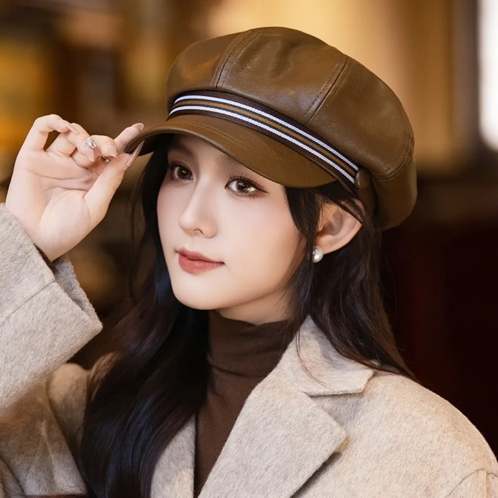 Personality Stripe Pu Leather Beret Windproof British Style Octagonal Hat Warm Korean Style Painter Hat Streetwear
Personality Stripe Pu Leather Beret Windproof British Style Octagonal Hat Warm Korean Style Painter Hat Streetwear