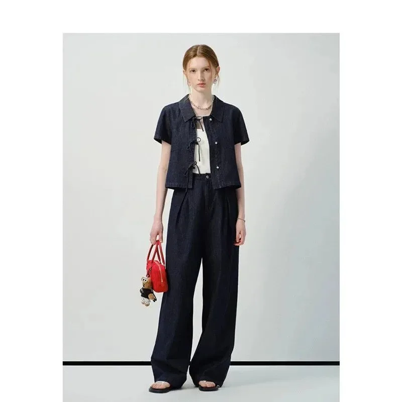 Women Vintage Denim Two Piece Set Short Sleeve Tie Crop Shirt Wide Leg Pants Casual Anti Wrinkle Outfit
Women Vintage Denim Two Piece Set Short Sleeve Tie Crop Shirt Wide Leg Pants Casual Anti Wrinkle Outfit