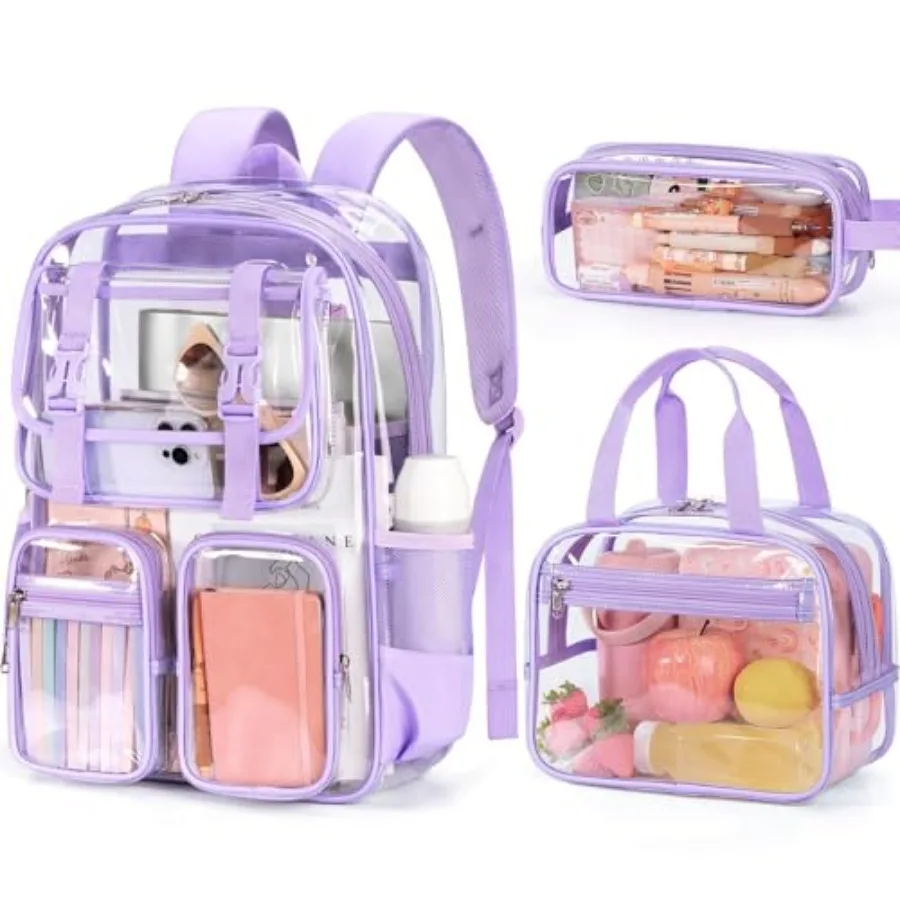 Clear Backpack for Girls - 3 PCS Heavy Duty Clear Bags Schoolbag Large Transparent PVC Bookbag with Lunch Box Pencil Case Set f
Clear Backpack for Girls - 3 PCS Heavy Duty Clear Bags Schoolbag Large Transparent PVC Bookbag with Lunch Box Pencil Case Set f