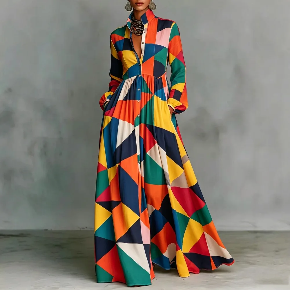 Women's Vintage Color Floral Print Maxi Dress Long Sleeve Stand Collar Button Down Bohemian Casual Loose With Pockets Long Dress
Women's Vintage Color Floral Print Maxi Dress Long Sleeve Stand Collar Button Down Bohemian Casual Loose With Pockets Long Dress