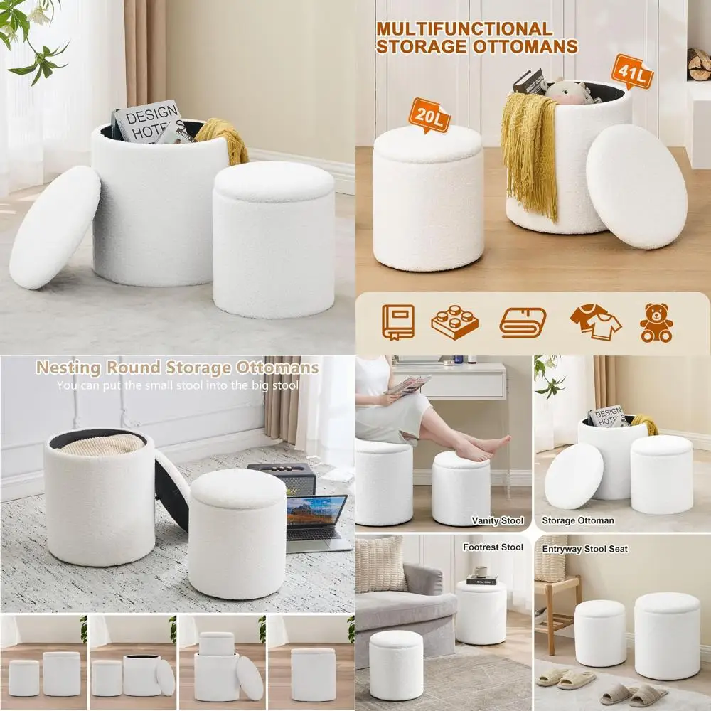 White Storage Ottoman Set of 2, Plush Footstool, Upholstered Vanity Stool, Multi-Purpose Ottomans for Living and Bedroom
White Storage Ottoman Set of 2, Plush Footstool, Upholstered Vanity Stool, Multi-Purpose Ottomans for Living and Bedroom