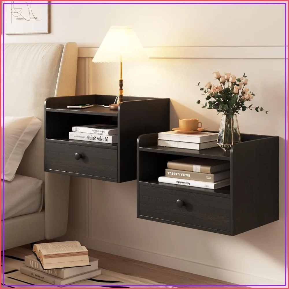 Floating Nightstand Set of 2 with Charging Station, Drawer & Shelf, Wall Mounted Bedside Table for Bedroom, Black
Floating Nightstand Set of 2 with Charging Station, Drawer & Shelf, Wall Mounted Bedside Table for Bedroom, Black