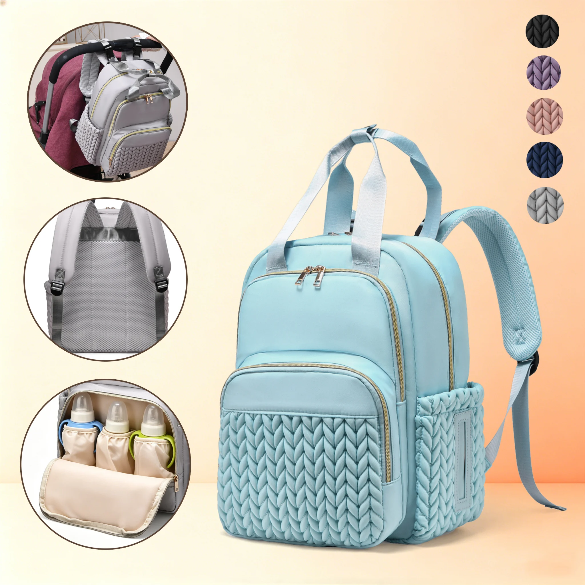 Quilted Diaper Bag Backpack, Large Mommy Travel Bag with Insulated Bottle Pockets, Stroller Straps & Breathable Mesh Back, Water
Quilted Diaper Bag Backpack, Large Mommy Travel Bag with Insulated Bottle Pockets, Stroller Straps & Breathable Mesh Back, Water
