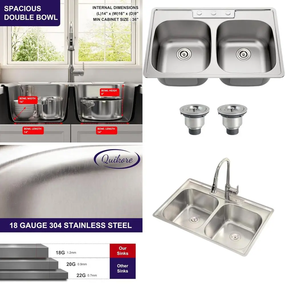Кухонная мойка из нержавеющей стали с двумя чашами 33 x 22 дюйма, сливом 50/50 и сифоном
Кухонная мойка из нержавеющей стали с двумя чашами 33 x 22 дюйма, сливом 50/50 и сифоном