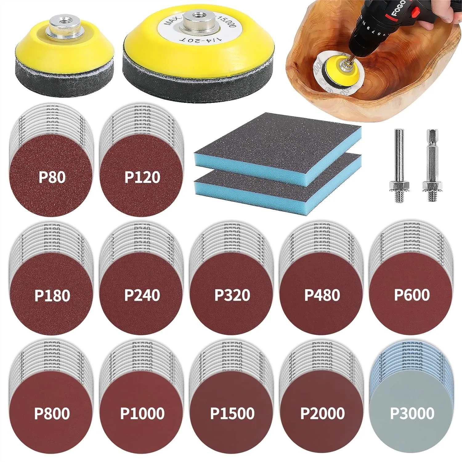 120pcs 3inch Sanding Discs with Backer Pads & Sponge, 80-3000 Grit for Drill Grinder Rotary Tool Attachments
120pcs 3inch Sanding Discs with Backer Pads & Sponge, 80-3000 Grit for Drill Grinder Rotary Tool Attachments