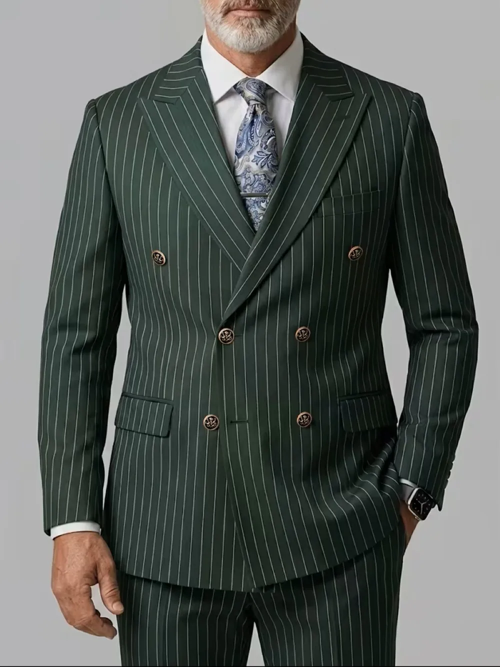 Men's Green Striped Double Breasted Blazer, Peaked Lapel Italian Style Retro Suit Jacket for Smart Casual Occasions
Men's Green Striped Double Breasted Blazer, Peaked Lapel Italian Style Retro Suit Jacket for Smart Casual Occasions