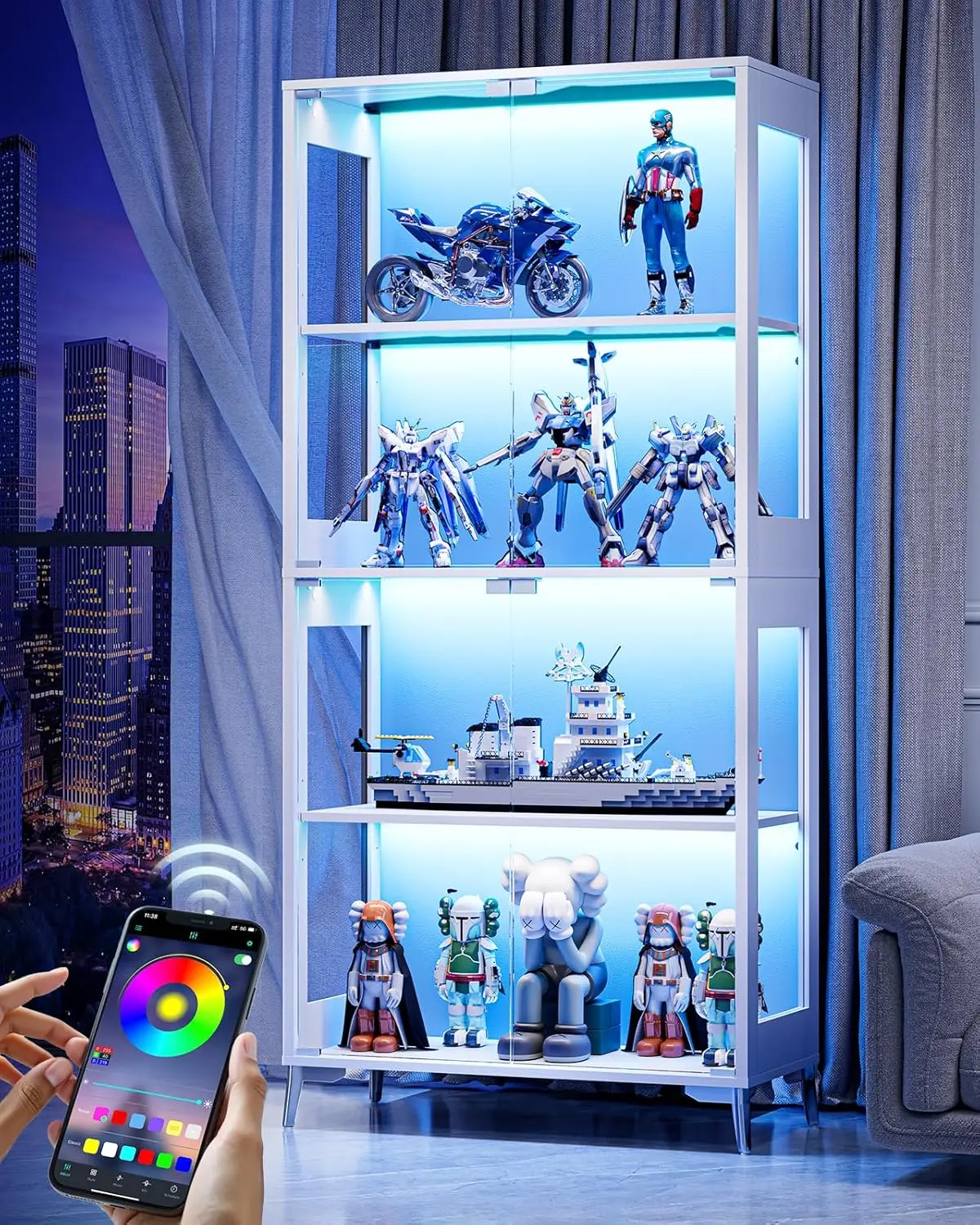 Glass Display Cabinet with Doors, 4-Tier Storage & Display Case with Adjustable Shelves, RGB LED
Glass Display Cabinet with Doors, 4-Tier Storage & Display Case with Adjustable Shelves, RGB LED