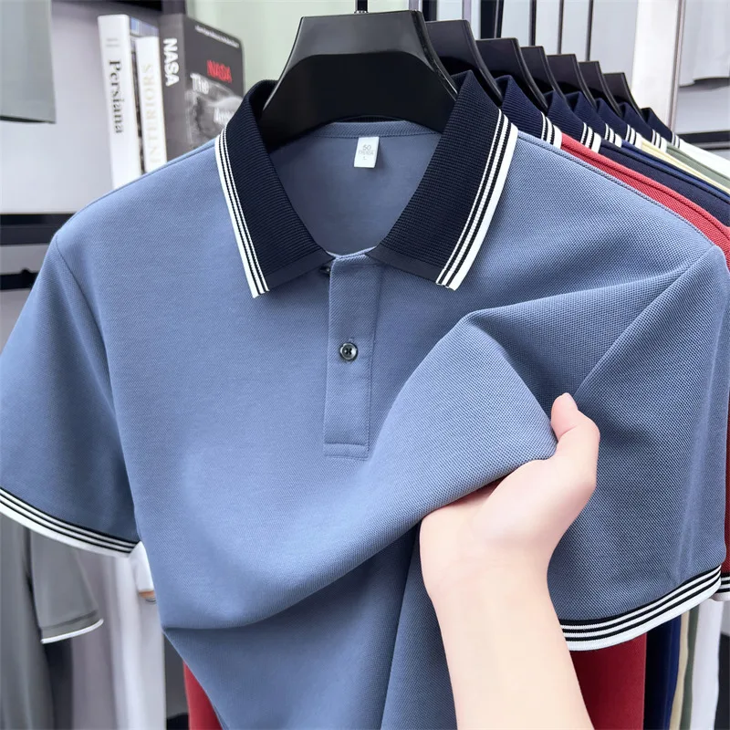 Quality silk cotton short sleeve polo shirt men trendy summer new color blocked striped lapel Korean casual breathable T-shirt
Quality silk cotton short sleeve polo shirt men trendy summer new color blocked striped lapel Korean casual breathable T-shirt