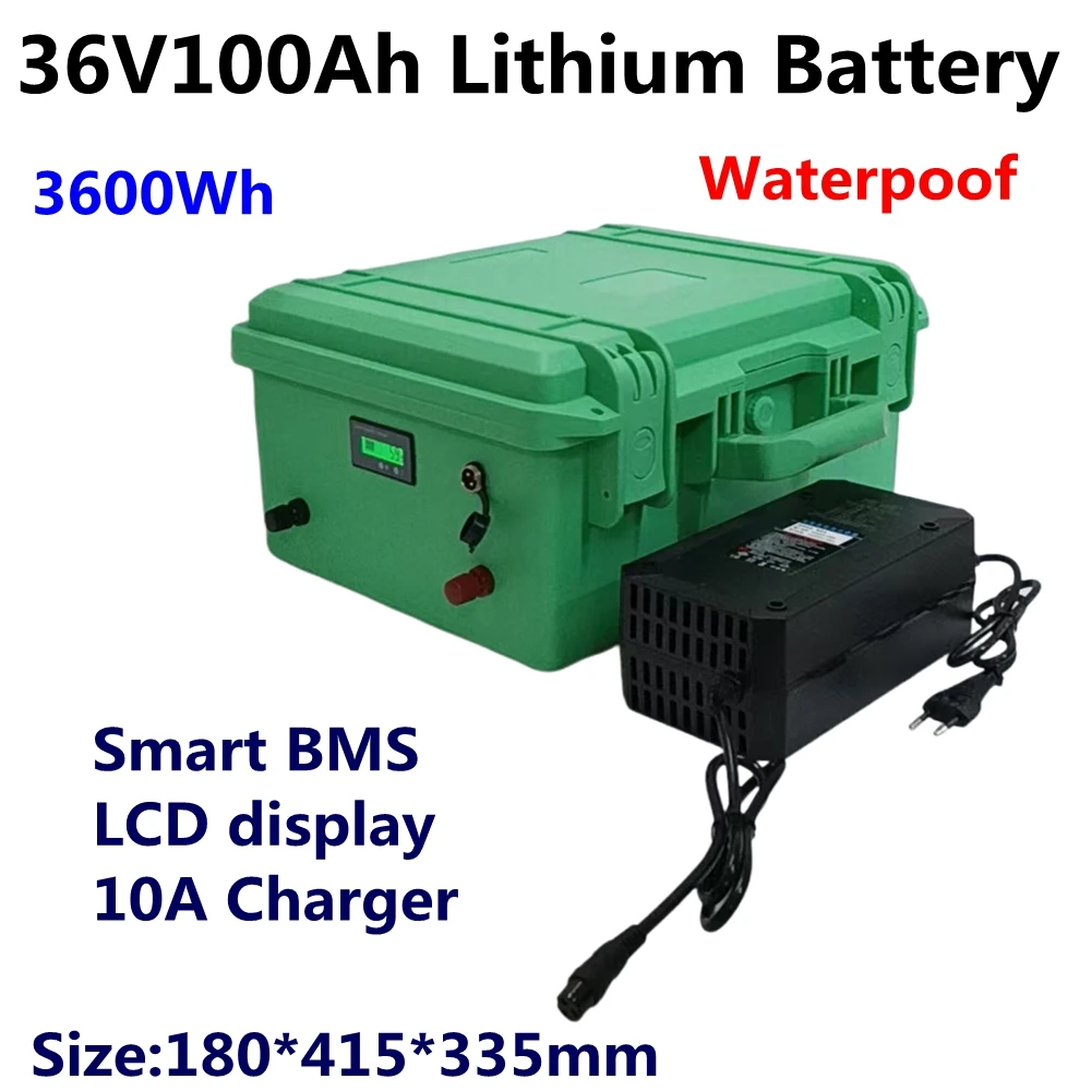 Waterproof rechargeable 36V 100Ah lithium battery pack with BMS 4000W for trolling motor boat motor,inverter + 42V 10A Charger.
Waterproof rechargeable 36V 100Ah lithium battery pack with BMS 4000W for trolling motor boat motor,inverter + 42V 10A Charger.