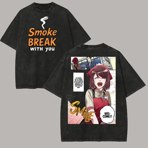 Anime Smoking Behind The Supermarket with You Yamada Manga Graphic Print T-Shirt Men Women Retro Washed Casual Oversized Top
