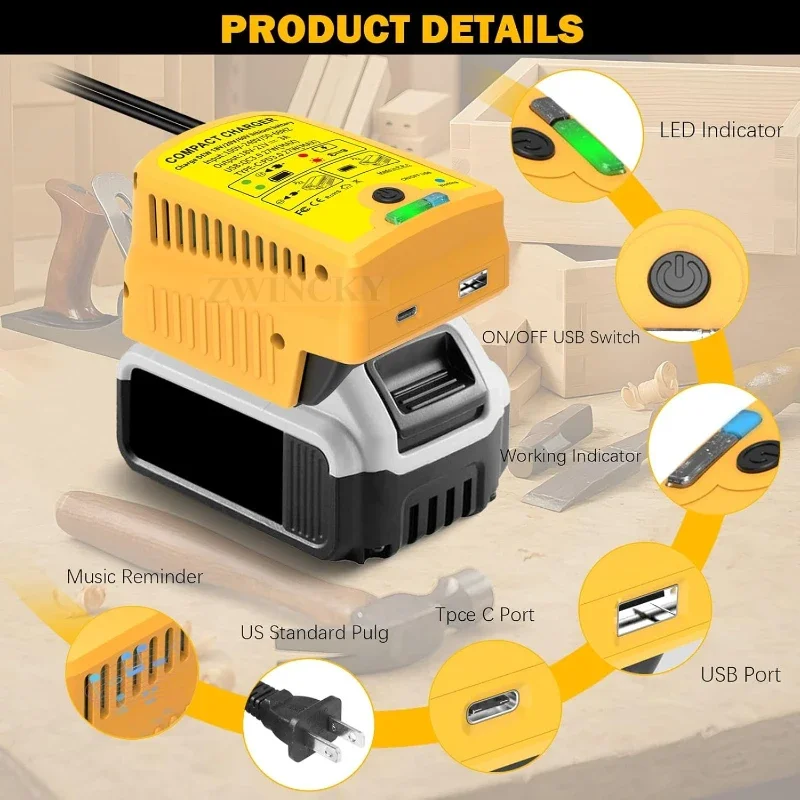 100-240 В для зарядного устройства Dewalt 18 В 20 В DCB200 DCB120 DCB201 DCB203 DCB204 DCB206 Быстрое зарядное устройство с выходом USB и Type-C 
100-240 В для зарядного устройства Dewalt 18 В 20 В DCB200 DCB120 DCB201 DCB203 DCB204 DCB206 Быстрое зарядное устройство с выходом USB и Type-C