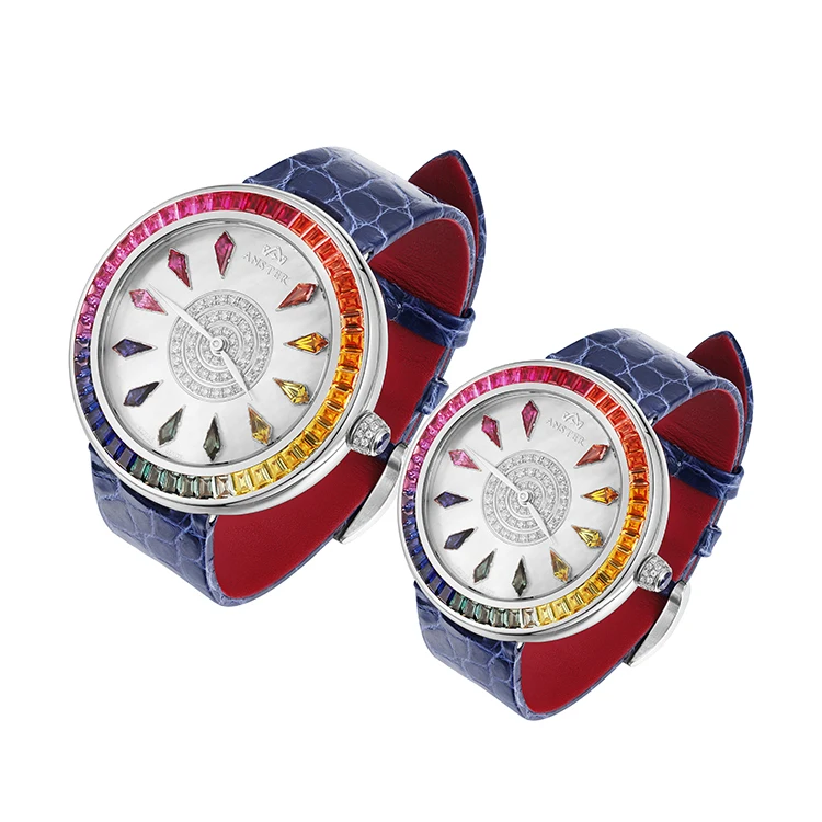 ANSTER Custom Logo Gradient Color Gemstone Moissanite Studded Watches With Leather Belt
ANSTER Custom Logo Gradient Color Gemstone Moissanite Studded Watches With Leather Belt