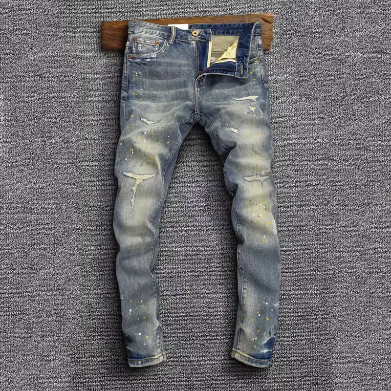 Street Fashion Men Jeans High Quality Retro Washed Blue Stretch Slim Fit Ripped Jeans Men Painted Designer Vintage Denim Pants
Street Fashion Men Jeans High Quality Retro Washed Blue Stretch Slim Fit Ripped Jeans Men Painted Designer Vintage Denim Pants