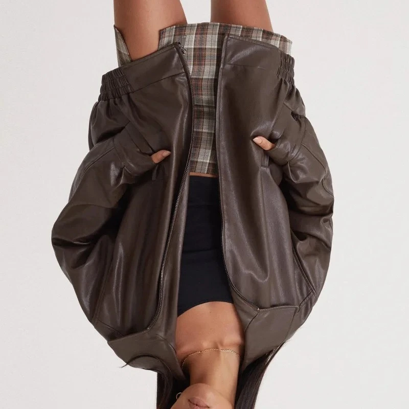 Spring Autumn Leather Jacket Biker Jacket Women's Windbreaker Loose Top Lapel Collar Elastic Waistband PU Leather Coat Trendy
Spring Autumn Leather Jacket Biker Jacket Women's Windbreaker Loose Top Lapel Collar Elastic Waistband PU Leather Coat Trendy