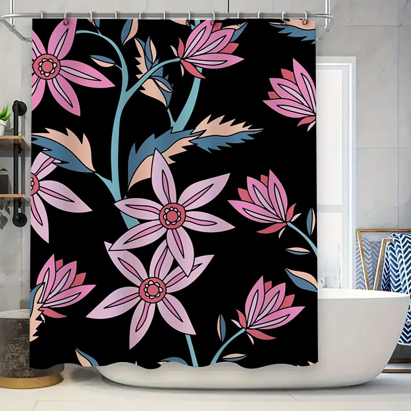 Розовая занавеска для душа с цветочным принтом и черным фоном идеально подходит для декора ванной комнаты
Розовая занавеска для душа с цветочным принтом и черным фоном идеально подходит для декора ванной комнаты