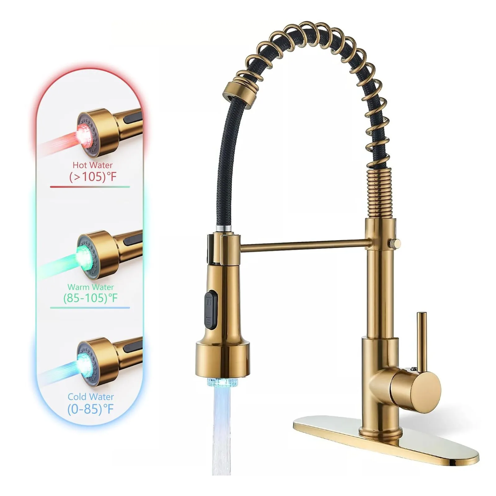 Gold LED Kitchen Faucet Single Handle with Pull Down Sprayer Commercial Sink Tap
Gold LED Kitchen Faucet Single Handle with Pull Down Sprayer Commercial Sink Tap
