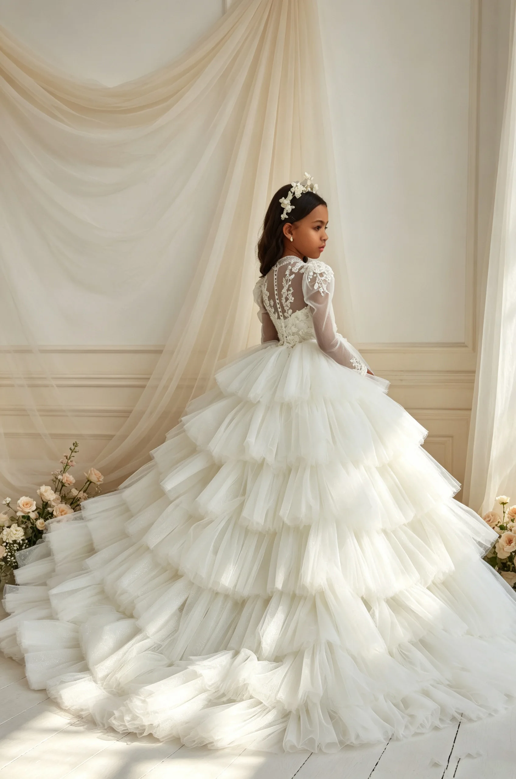 White Tulle Flower Girl Dresses For Wedding Long Sleeve Lace Princess Birthday Party Gowns Customized First Communion Dress
White Tulle Flower Girl Dresses For Wedding Long Sleeve Lace Princess Birthday Party Gowns Customized First Communion Dress