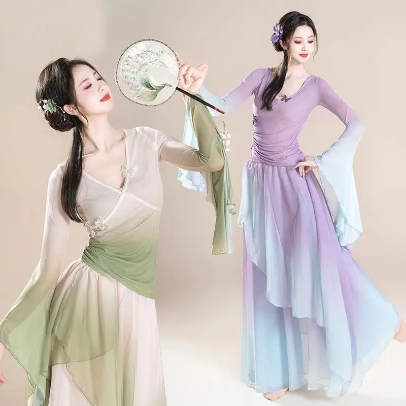 Классический танец, ритм, марлевый танцевальный костюм, комплект, китайский национальный танцевальный тренировочный костюм, боди с рукавами-колокольчиками 
Классический танец, ритм, марлевый танцевальный костюм, комплект, китайский национальный танцевальный тренировочный костюм, боди с рукавами-колокольчиками