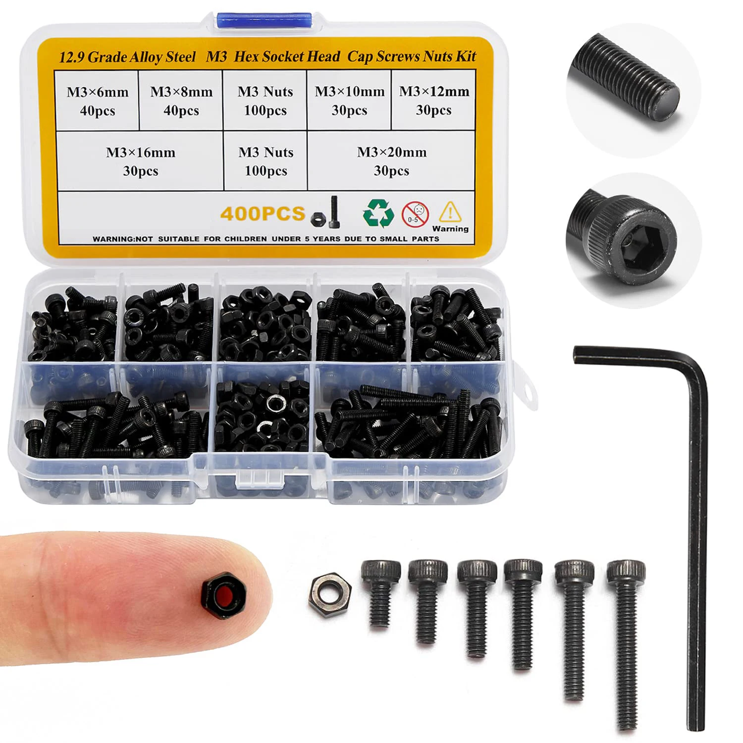 Small metric screws are suitable for DIY 3D printers. 400 M3 screws and nuts with hexagonal socket heads, made of 12.9 grade all
Small metric screws are suitable for DIY 3D printers. 400 M3 screws and nuts with hexagonal socket heads, made of 12.9 grade all