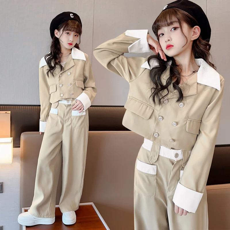 Fashion Girls Suit Short Blazer Jacket baggy Pants Set Khaki Patchwork Two Pieces Teens Children Clothing New Formal Kid Outfits
Fashion Girls Suit Short Blazer Jacket baggy Pants Set Khaki Patchwork Two Pieces Teens Children Clothing New Formal Kid Outfits