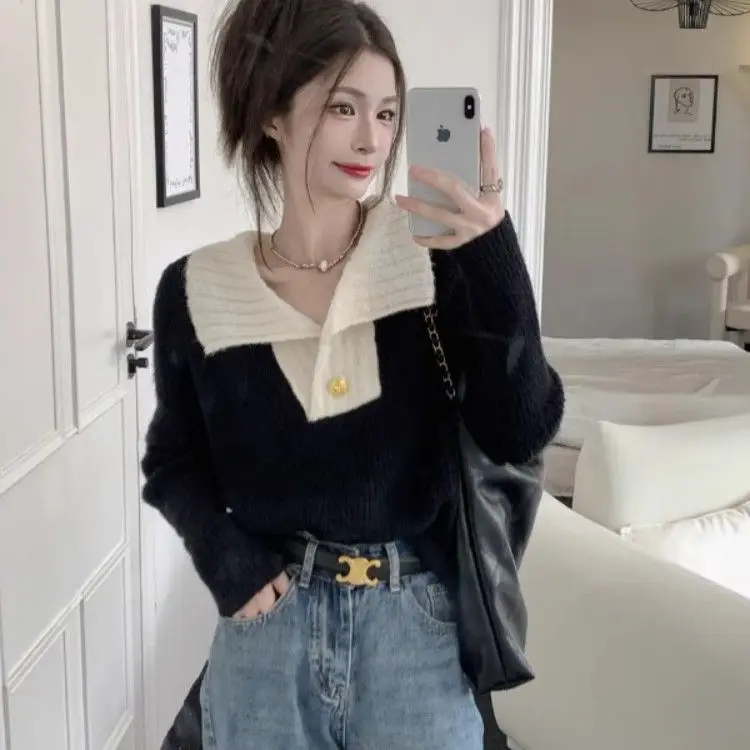 Korean Loose Fit Long Sleeve Knit Sweater Women Fall Pullover Black White Oversized Turn Down Collar Basic Top
Korean Loose Fit Long Sleeve Knit Sweater Women Fall Pullover Black White Oversized Turn Down Collar Basic Top