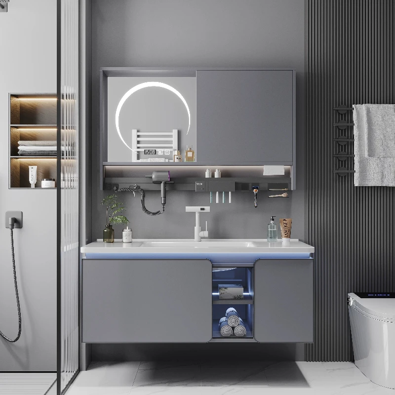 Modern Bathroom Vanity with Rounded Ceramic Soft-Touch Integrated Sink Grey Cabinet Combo with LED Smart Mirror home furniture
Modern Bathroom Vanity with Rounded Ceramic Soft-Touch Integrated Sink Grey Cabinet Combo with LED Smart Mirror home furniture