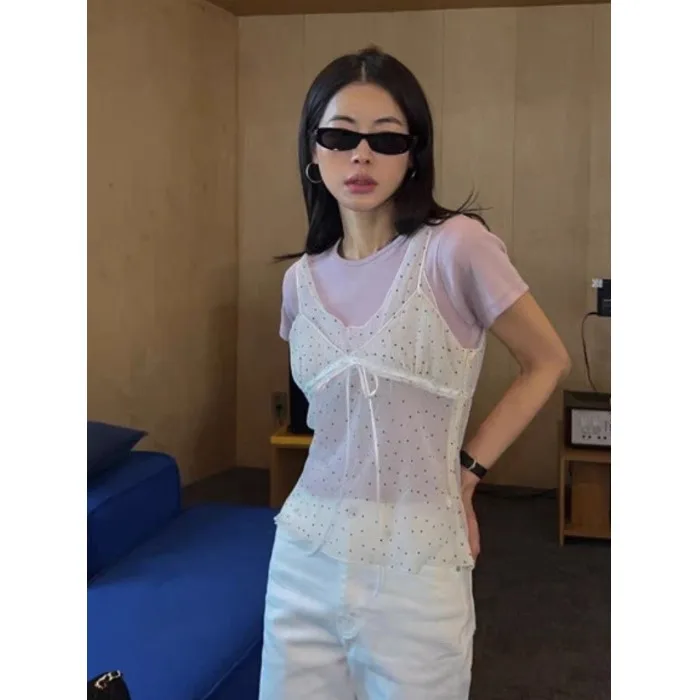 Chic Polka Dot Mesh Vest Women's Summer New Style Belted Splice Design Base Layer Top Korean Style Regular Fit Medium Softness
Chic Polka Dot Mesh Vest Women's Summer New Style Belted Splice Design Base Layer Top Korean Style Regular Fit Medium Softness