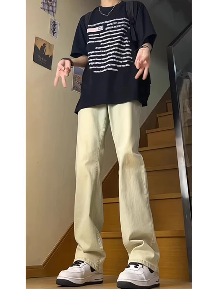 Облегающие джинсы с высокой талией, мужские летние тонкие прямые эластичные брюки-клеш, молодежные модные джинсы American High Street Sle 
Облегающие джинсы с высокой талией, мужские летние тонкие прямые эластичные брюки-клеш, молодежные модные джинсы American High Street Sle