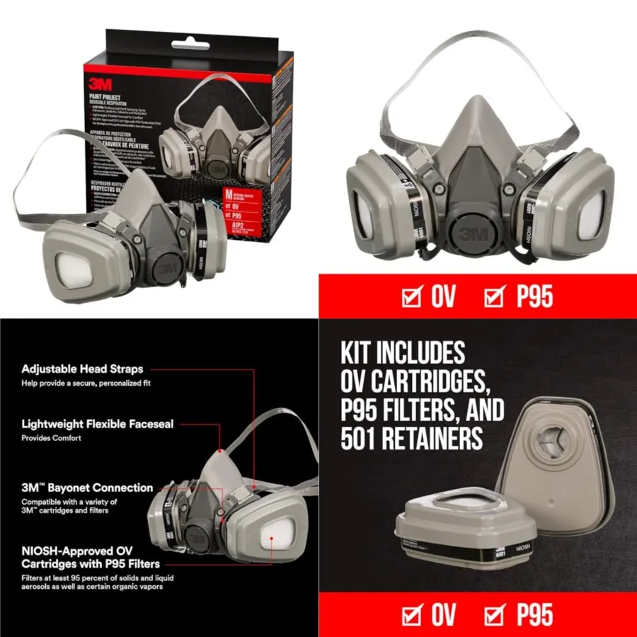 NIOSH-Approved OV/P95 6211 Paint Project Reusable Respirator Kit,,Organic Vapor Cartridges P95 Filters, 3-Pack
NIOSH-Approved OV/P95 6211 Paint Project Reusable Respirator Kit,,Organic Vapor Cartridges P95 Filters, 3-Pack