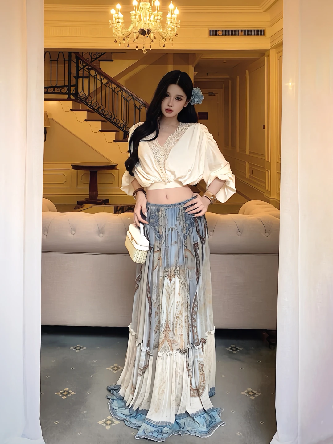 Elegant Lace Print Two-Piece Set Women's Summer Vacation Style V-Neck Top High Waist Skirt Romantic Fashion Casual Wear
Elegant Lace Print Two-Piece Set Women's Summer Vacation Style V-Neck Top High Waist Skirt Romantic Fashion Casual Wear