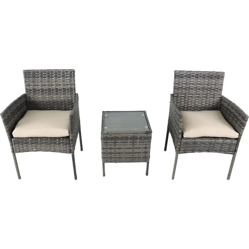 3-Piece Outdoor Patio Furniture Set with Glass Table, Wicker Chairs, and Cushions (Gray & Beige)
3-Piece Outdoor Patio Furniture Set with Glass Table, Wicker Chairs, and Cushions (Gray & Beige)