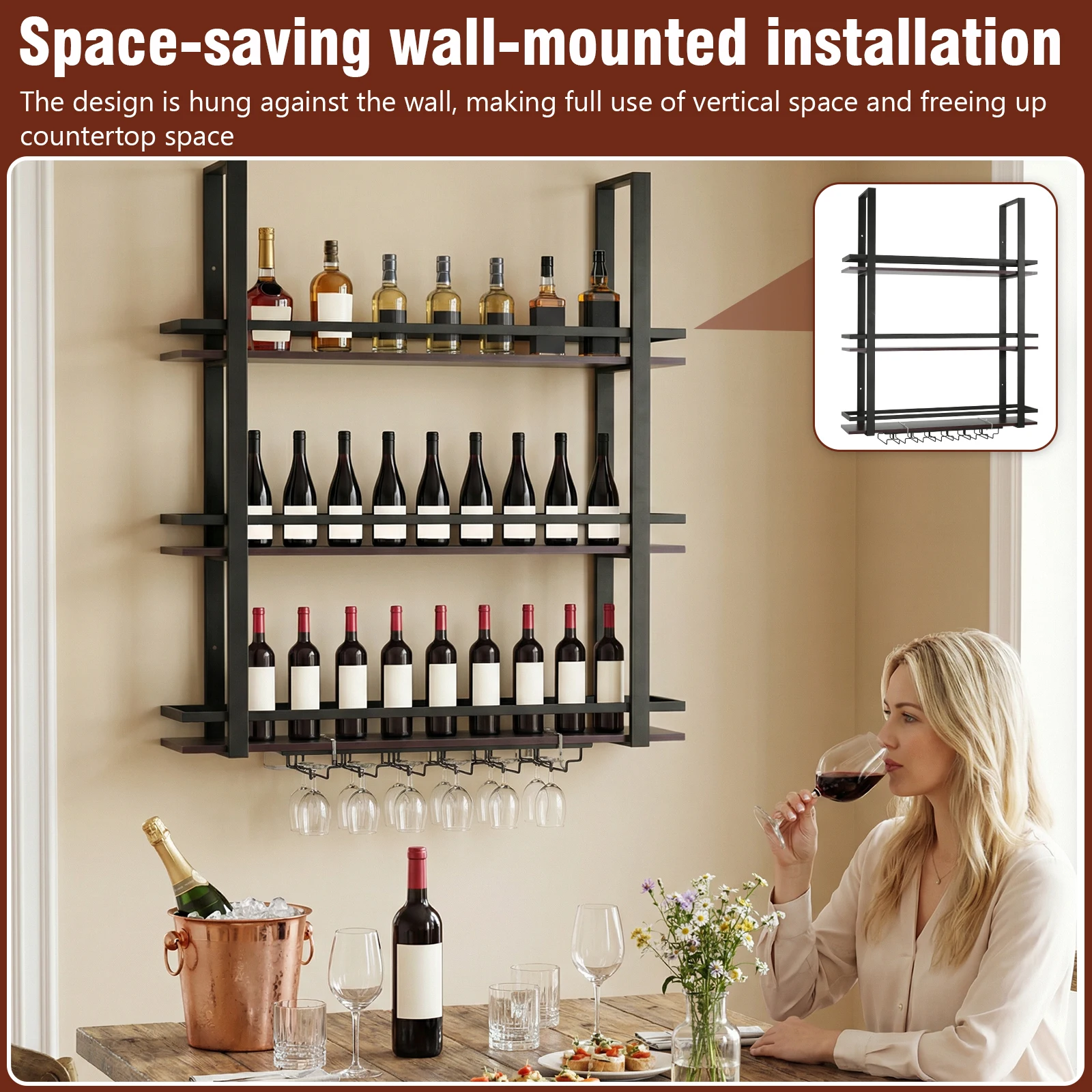 Трехуровневая настенная металлическая подставка для вина с держателями для бутылок и стаканов для кухни, дома, столовой, гостиной
Трехуровневая настенная металлическая подставка для вина с держателями для бутылок и стаканов для кухни, дома, столовой, гостиной