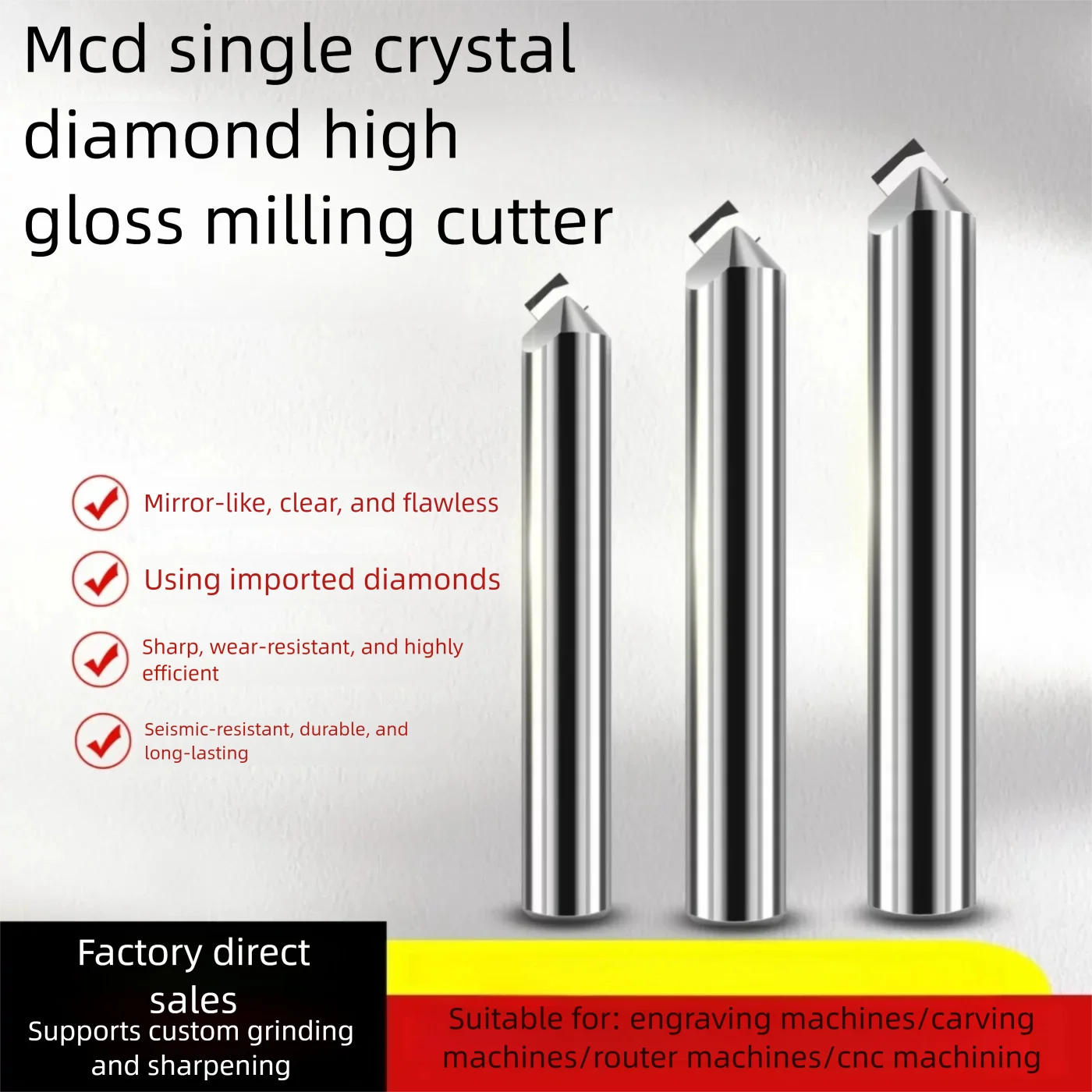 High hardness diamond high gloss chamfer milling cutter carving knife, suitable for acrylic, gold, silver, copper,aluminum alloy
High hardness diamond high gloss chamfer milling cutter carving knife, suitable for acrylic, gold, silver, copper,aluminum alloy