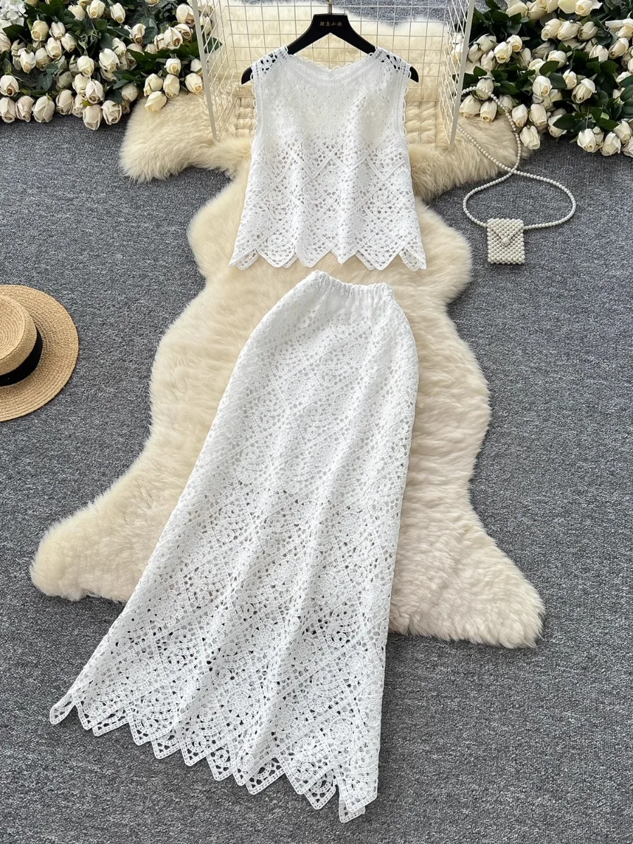 Foamlina Chic Crochet Lace Sleeveless Top Women Summer French Chic Heavy Duty Hollow High Waist Bodycon Skirt 2 Piece Set
Foamlina Chic Crochet Lace Sleeveless Top Women Summer French Chic Heavy Duty Hollow High Waist Bodycon Skirt 2 Piece Set