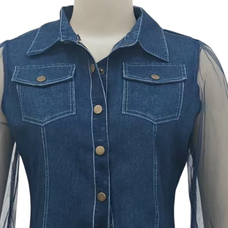 Imitation Denim Tops for Women,Soft Fabric Women Blouse, Faux Denim Patchwork Mesh Hem Blouse,Work Party Date Shirt
Imitation Denim Tops for Women,Soft Fabric Women Blouse, Faux Denim Patchwork Mesh Hem Blouse,Work Party Date Shirt