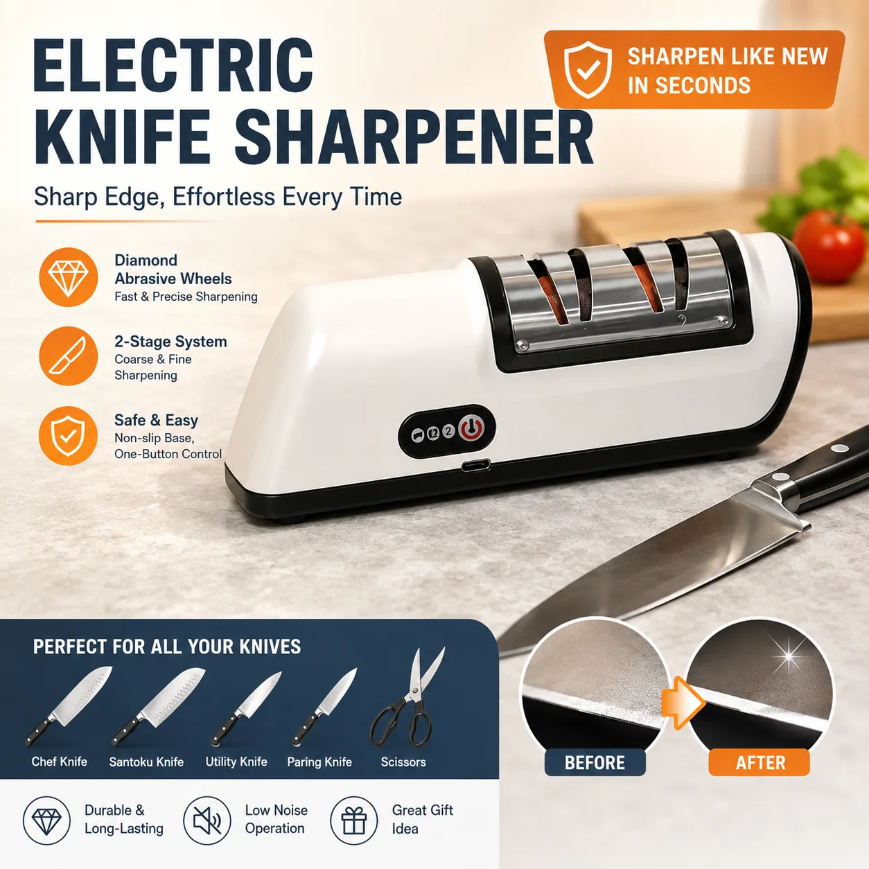 Rechargeable Cordless Electric Knife Sharpener, Portable 2-Stage Diamond Sharpening System, Sharpens Stainless Steel & Serrated Knives, for Kitchen Camping Outdoor Use, Sharpener Only (No Knives Included)
Rechargeable Cordless Electric Knife Sharpener, Portable 2-Stage Diamond Sharpening System, Sharpens Stainless Steel & Serrated Knives, for Kitchen Camping Outdoor Use, Sharpener Only (No Knives Included)