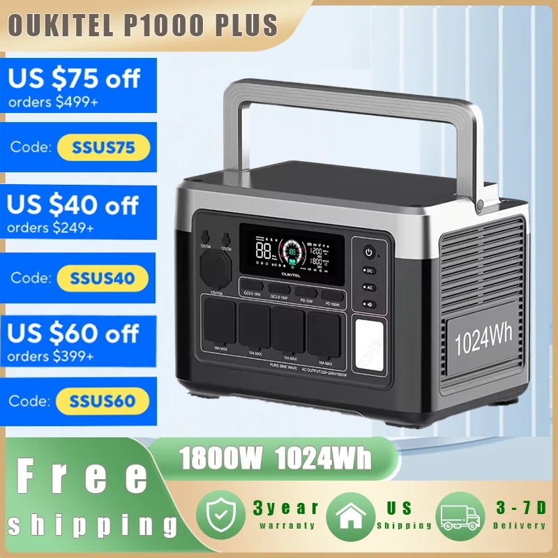 OUKITEL P1000 PLUS Portable Power Station 1800W Solar Generator 1024Wh Lifepo4 Battery Home Backup Outdoor Camping Mobile power
OUKITEL P1000 PLUS Portable Power Station 1800W Solar Generator 1024Wh Lifepo4 Battery Home Backup Outdoor Camping Mobile power