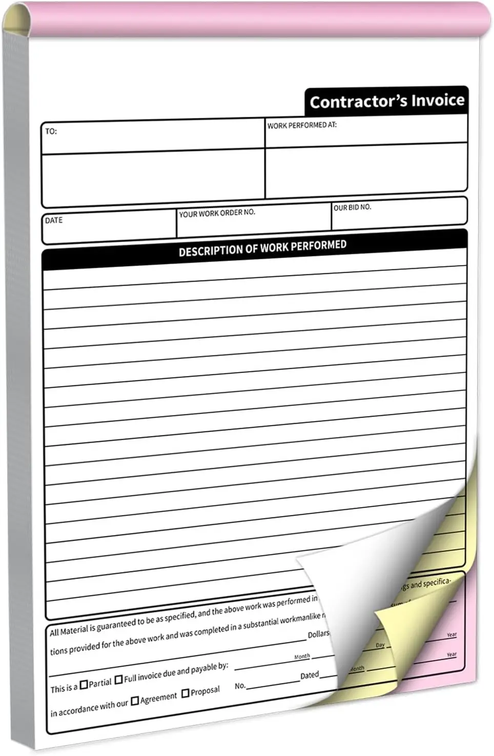 Contractor Invoice Book 3-Part Carbonless Work Order Receipt 7.3x11 Inch 50 Sets with Perforated Tear-Out
Contractor Invoice Book 3-Part Carbonless Work Order Receipt 7.3x11 Inch 50 Sets with Perforated Tear-Out