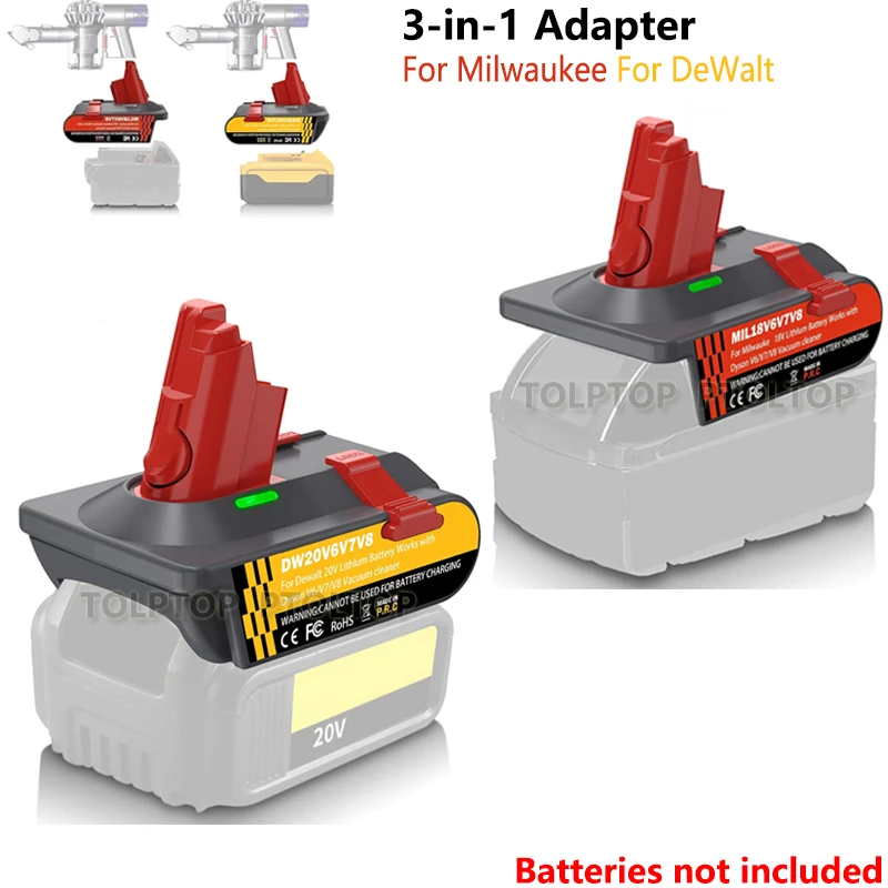 3-in1 Battery Adapter for Milwaukee/Dewalt 18V20V Battery to for Dyson V6/V7/V8 Vacuum Cleaner Converter with Vacuum Fixing Clip
3-in1 Battery Adapter for Milwaukee/Dewalt 18V20V Battery to for Dyson V6/V7/V8 Vacuum Cleaner Converter with Vacuum Fixing Clip